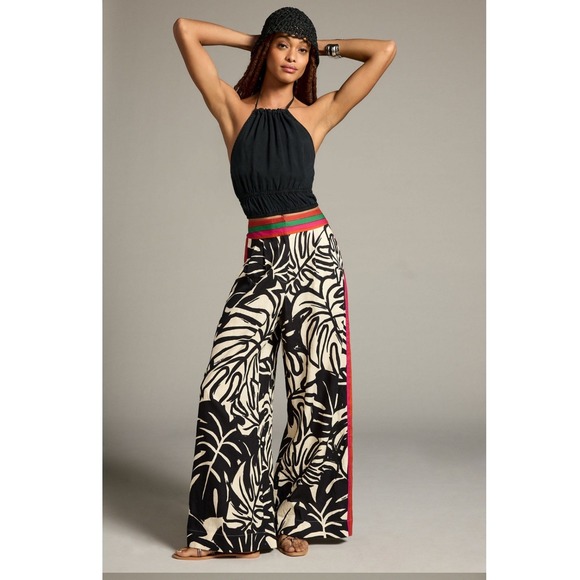 Farm Rio Anthropologie Wide Leg Linen Pants Black White Monstera Leaf Small Boho - Picture 2 of 13